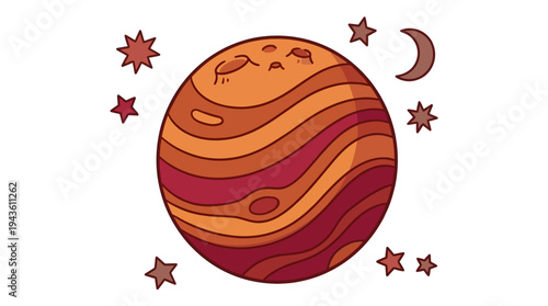 Cartoon illustration of a planet in space with reddish tones