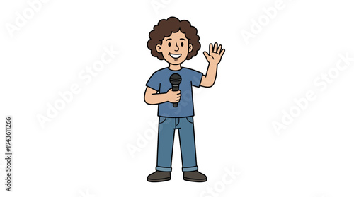 Cartoon illustration of a person holding microphone and waving
