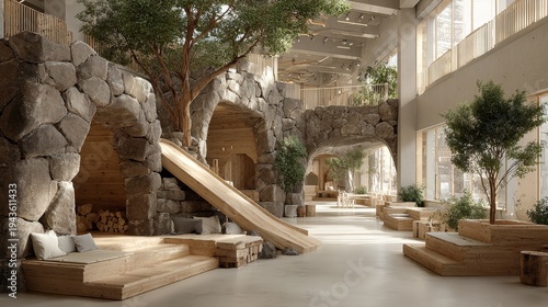 Indoor children's playground with wooden climbing structures, natural stone walls, soft seating, greenery, sunlight, forest-inspired warm and calming space for play and learning