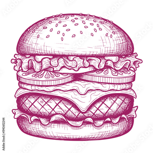 A drawing of a double cheeseburger with sesame seed bun and lettuce isolated on white background