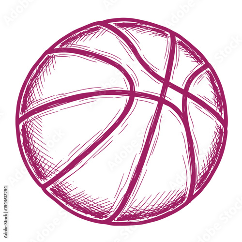 A handdrawn illustration of a purple basketball with a white background and detailed panel lines  sports equipment
