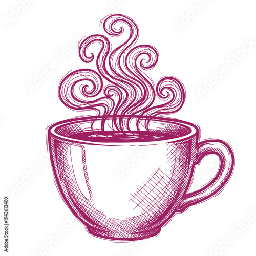 A pink sketch of a steaming cup of coffee or tea with swirling vapor rising from the top  hot beverage concept
