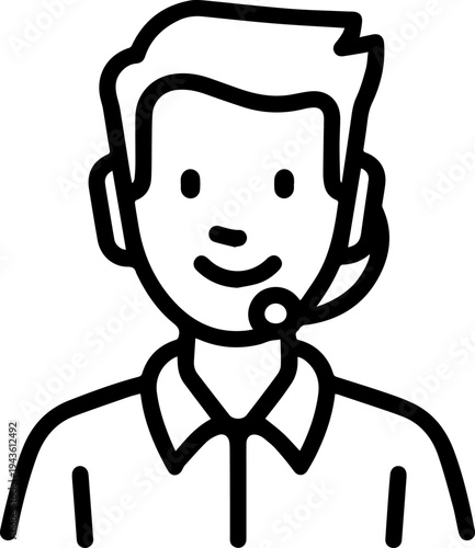 Hand Drawn Male Customer Service Agent Black and White Avatar Illustration in Minimal Line Art Style Design