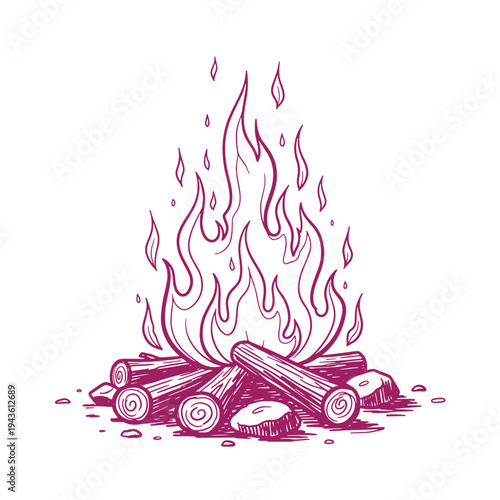 Illustration of a campfire with burning logs and flames rising high  a cozy outdoor fire scene