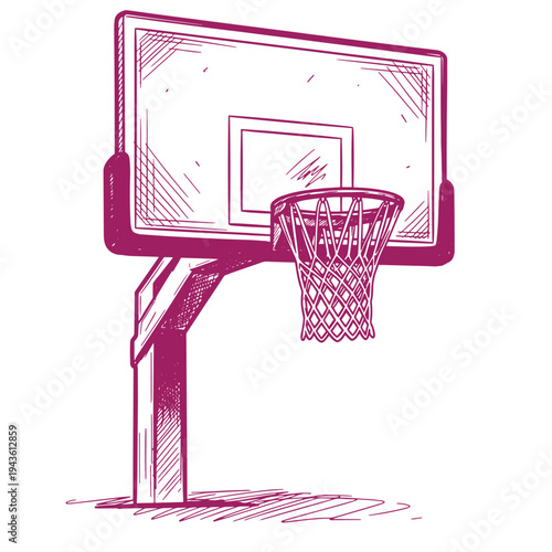 illustration of a pink basketball hoop with a backboard and net in a sketch style on a white background