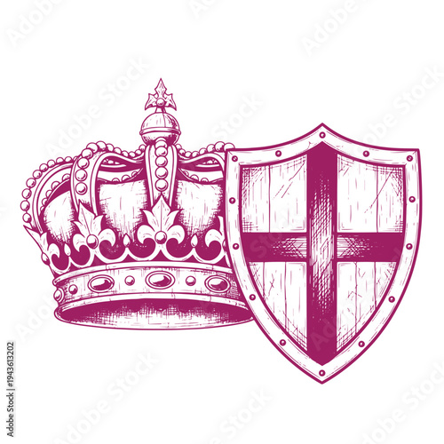 Purple crown and shield with cross on white background  royalty symbol  heraldry design element