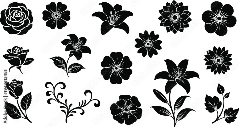 Obraz premium Black and white floral silhouettes with white outlines on plain white background flowers