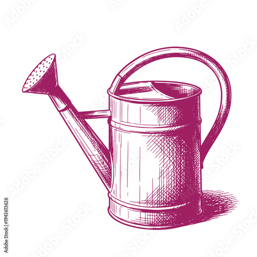 Vintage style illustration of a pink watering can with long spout and handle for gardening and plant care