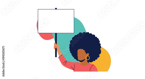 Black woman with a stylish afro and pink blouse holds up a large blank white placard against a minimalist background of colorful shapes.