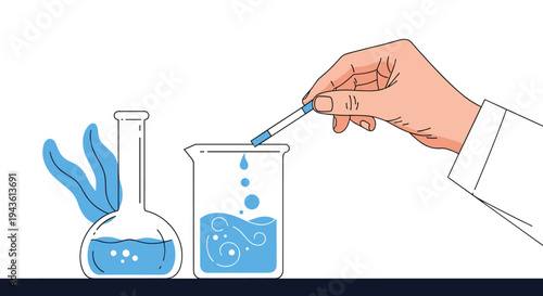 Laboratory researcher wearing a white coat dips a ph indicator test strip into a beaker filled with bubbling blue chemical liquid solution.