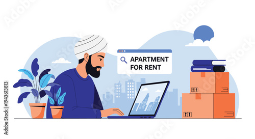 Indian man wearing a white turban uses his laptop at a desk with moving boxes to search for an apartment for rent in a modern city environment.