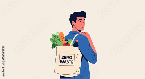 Environmentally conscious man carries a sustainable cloth tote bag labeled zero waste filled with fresh organic vegetables and groceries from a market.