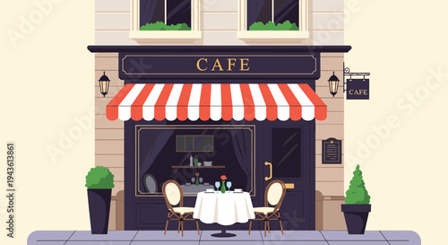 Charming street corner cafe with outdoor seating and a classic red and white striped awning creates an inviting atmosphere for coffee and dining.