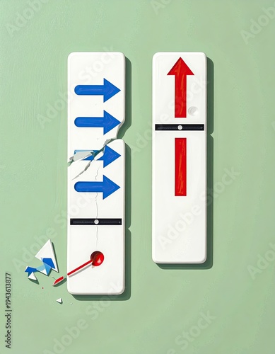 Conceptual image of broken and intact dominoes with arrows, thermometer