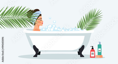 Beautiful woman enjoys a relaxing spa day taking a warm bubble bath in a vintage clawfoot tub surrounded by lush green tropical palm leaves.