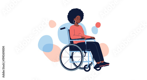 Confident Black woman with a large afro and gold hoop earrings sits in a modern wheelchair against a background of soft colored abstract shapes.