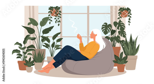 Relaxed woman with long white hair sits in a grey beanbag chair surrounded by many indoor plants while holding a smoking cigarette or joint.