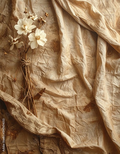 Dried flowers rest on patterned beige cloth with textured folds