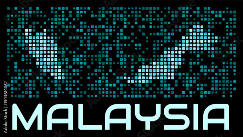 Malaysia digital dotted map. Shape of the country in cyan color palette on dark background. Futuristic Malaysia map design. Vector illustration.
