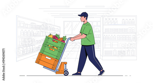 Male supermarket employee wearing a green shirt and cap uses a manual pallet jack to move crates of fresh fruits and vegetables along an aisle.
