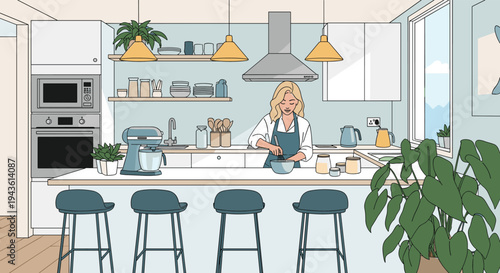Elegant blonde woman wearing a blue apron stands in a modern white kitchen while whisking ingredients in a bowl on a clean marble countertop.