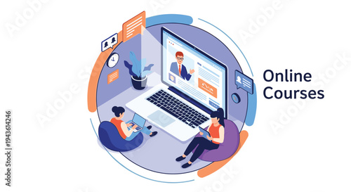 Isometric illustration of people using laptops and tablets for online learning and courses within a circular framed educational concept.