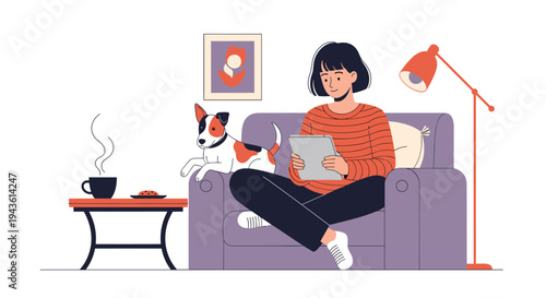 Young woman wearing a striped sweater sits on a purple sofa and uses a tablet while her small spotted dog rests comfortably by her side.