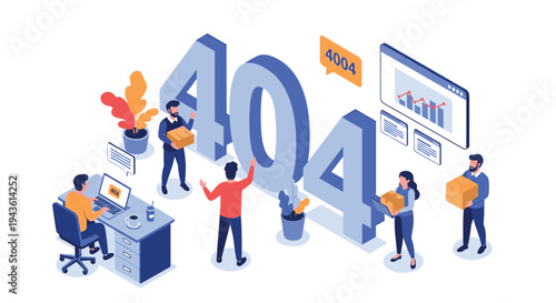 Isometric 404 error page design featuring tiny workers moving boxes around large numbers to represent website maintenance and logistics.
