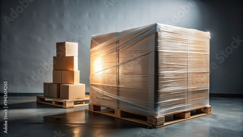 A photo of stretch wrapping film tightly securing palletized goods