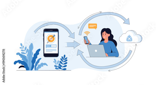 Digital illustration showing the process of data synchronization between a mobile smartphone and a laptop computer with a cloud icon.