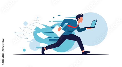 Busy businessman in a suit and red tie runs extremely fast while carrying a laptop and documents leaving behind a trail of flying papers.