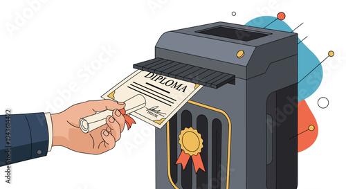 Hand of a person in a suit puts a rolled diploma with a red ribbon into a document shredder symbolizing a rejection of traditional education.