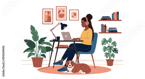 Focused young Black woman with headphones works on a laptop at a wooden desk in a home office while her brown and white dog rests on a rug.