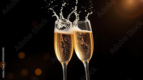 flutes. Two champagne glasses with sparkling liquid mid-splash, set against a dark backdrop with golden highlights for a festive vibe. bar promotions.