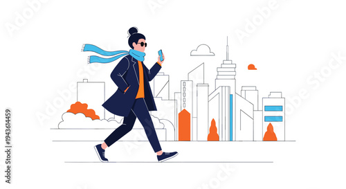 Fashionable woman wearing a blue coat and glasses walks through a stylized city landscape while checking messages on her mobile smartphone.