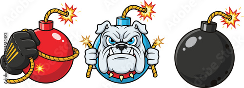 Cartoon bomb icons set with lit fuse and explosive mascot illustration isolated on white background danger concept