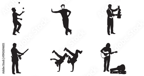 Street Performers Silhouette Set Pack. Editable Vector Illustration. featuring  silhouette, street, performer, art, entertainment, juggling, mime, magician, sword, dancing, breakdance, musician more
