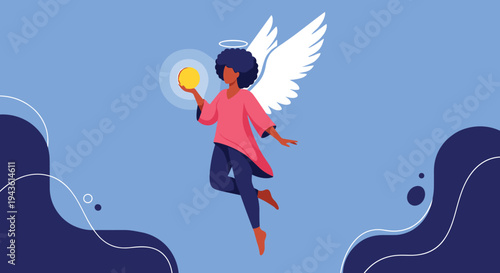 African American angel woman with white wings and a halo floating in the sky while holding a glowing golden sphere in her hand.