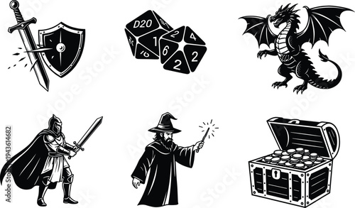 Fantasy RPG icons set with dragon, knight, wizard, sword shield and treasure chest vector illustration isolated on white