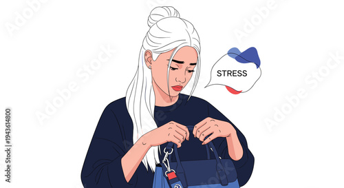Worried young woman with white hair looking into her handbag with a stressed expression and a thought bubble indicating panic.