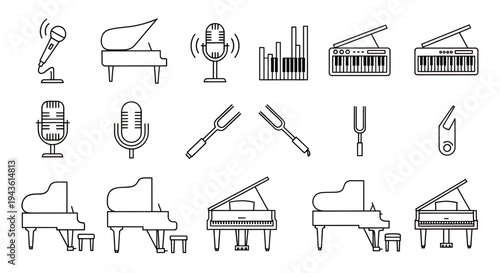 Collection of line art icons depicting various musical instruments and related equipment in a minimalist style.