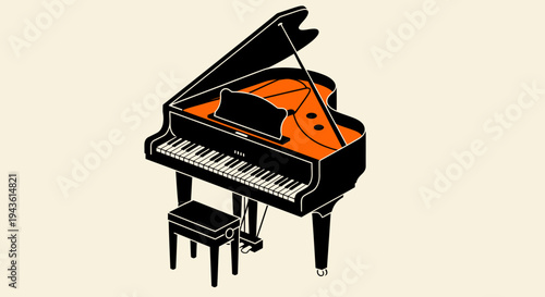 Stylized Grand Piano Illustration with Bench and Musical Inspiration.