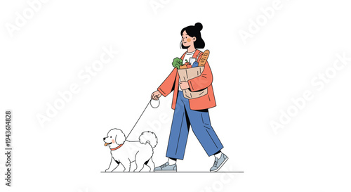Active young woman walking her fluffy white poodle on a leash while carrying a paper bag filled with fresh healthy groceries.