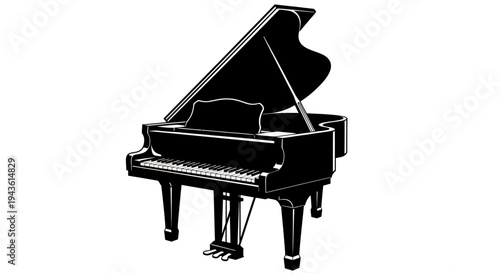Monochrome silhouette of a grand piano with open lid, elegant legs, and classic styling.
