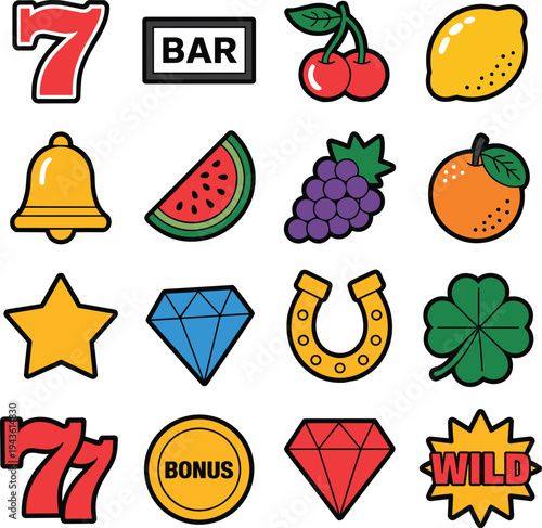 Casino slot machine symbols vector set including seven bar cherry lemon bell diamond bonus wild lucky icons for gambling game design