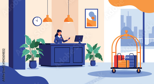 Female hotel receptionist standing at a stylish dark blue service desk in a modern lobby area with a luggage cart nearby.