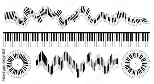 Abstract Waveforms and Piano Keyboard Motifs in Black and White Design.