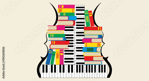 Vibrant fusion illustration of a guitar and piano keyboard intertwined with colorful stacks of books.