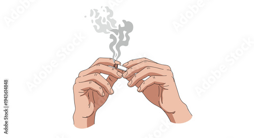 Pair of hands holding a lit cigarette and breaking it in half as a symbolic gesture of quitting smoking for a healthier life.