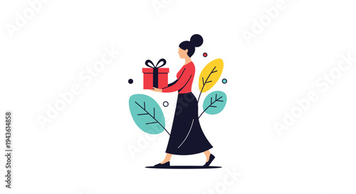 Elegant woman in a red top and dark skirt walking while carrying a red gift box decorated with a large black ribbon.